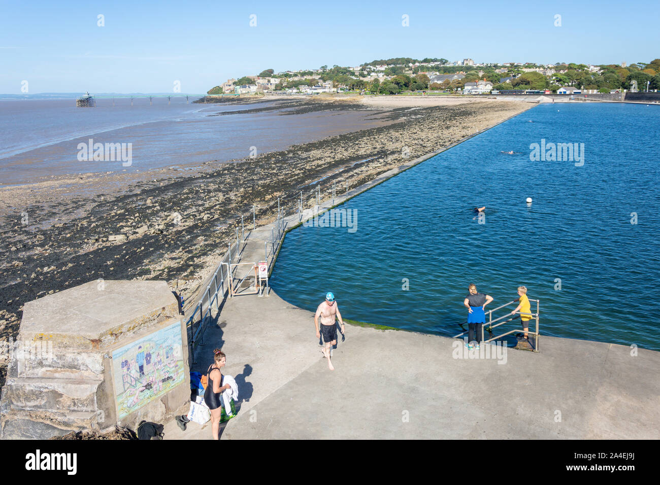 Swimmers at Marine Lake Lido from lookout, Clevedon, Somerset, England, United Kingdom Stock Photo