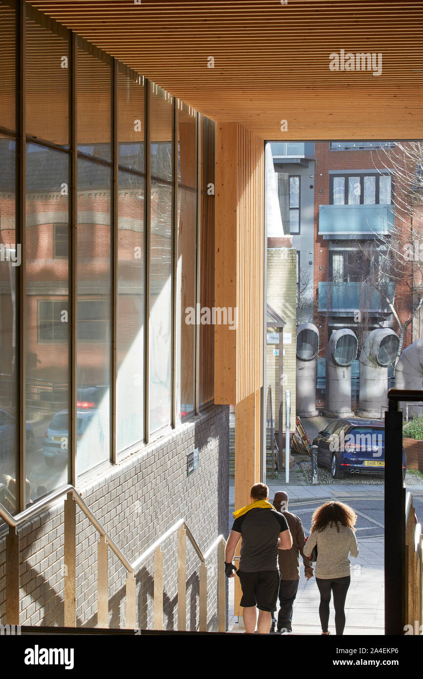 View towards Abbey Square entrance with stairway and pedestrians