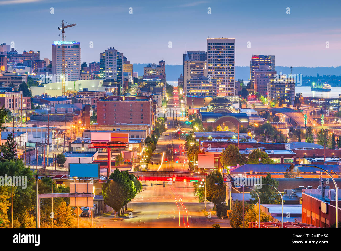 Tacoma, Washington, USA cityscape over Pacific Ave at twilight Stock ...