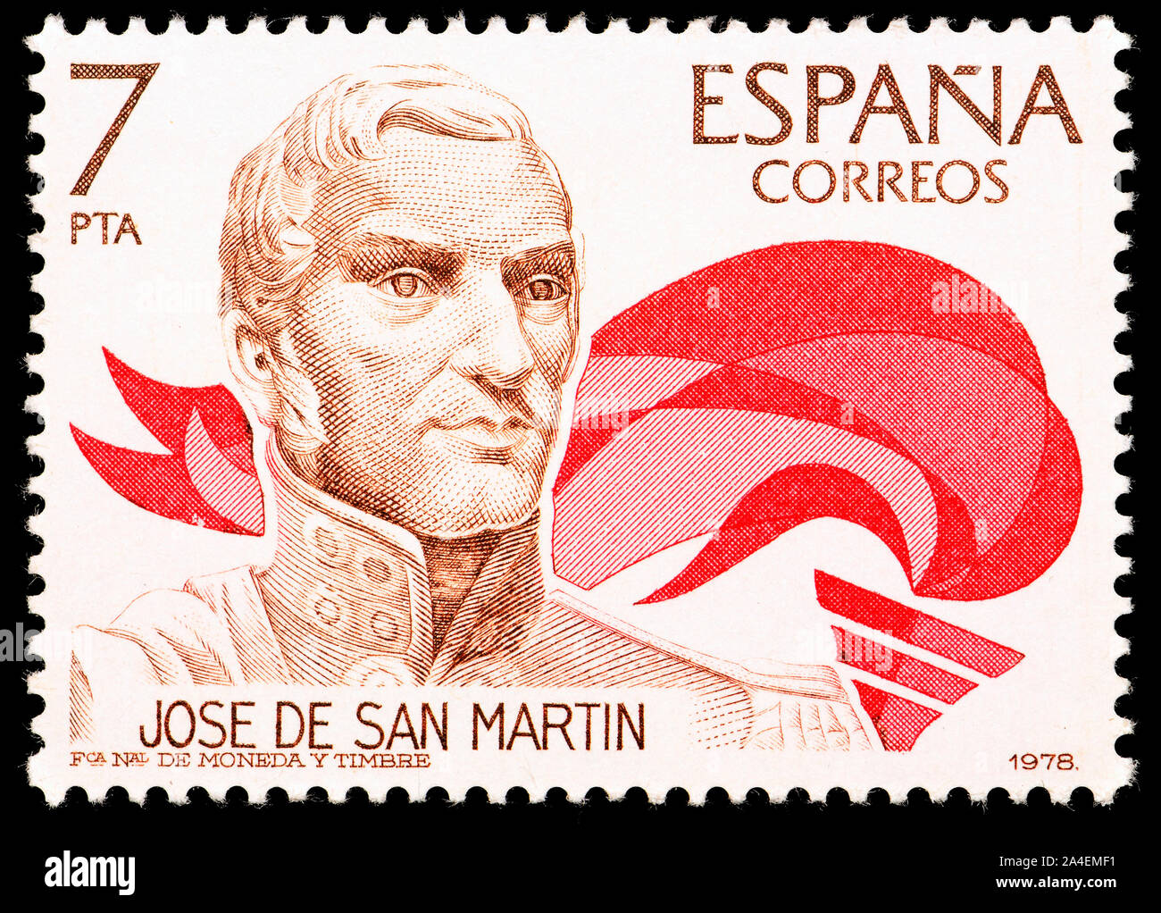 Spanish postage stamp (1978) : José Francisco de San Martín y Matorras (1778 - 1850) Founder of the Freedom of Peru, Founder of the Republic, Protecto Stock Photo