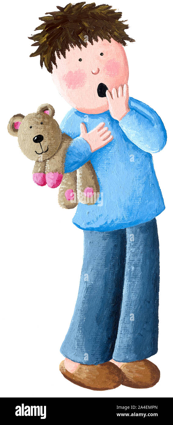 Acrylc illustration of the sleepy little boy with wide open mouth yawning eyes open holding teddy bear, looking bored isolated on white background Stock Photo