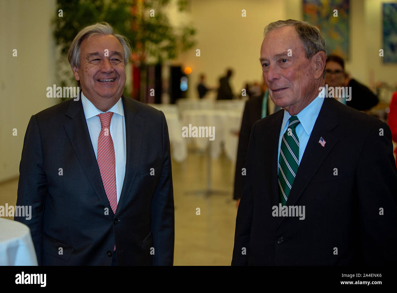 COPENHAGEN, DENMARK - OCTOBER 10, 2019: Antonio Guterres (L), Secretary-General of the United Nations, and Michael Bloomberg, President of the C40 Board and former Mayor of New York City, seen at the C40 World Mayors Summit 2019 in Copenhagen. More than 90 mayors of some of the world’s largest and most influential cities representing some 700 million people meet in Copenhagen from October 9-12 for the C40 World Mayors Summit. The purpose with the Summit in Copenhagen is to build a global coalition of leading cities, businesses and citizens that rallies around radical and ambitious climat Stock Photo