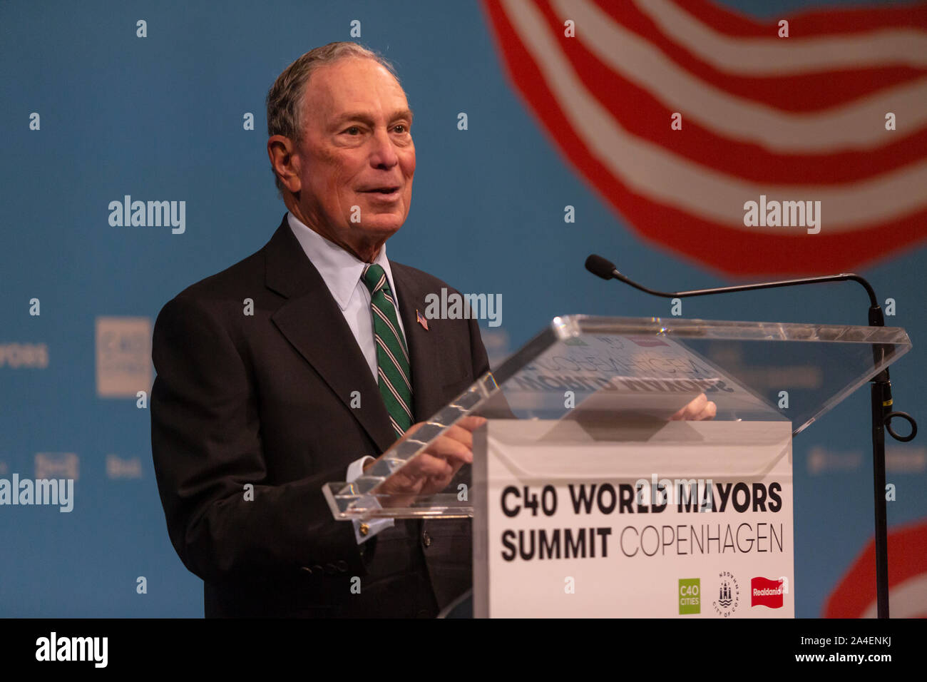 COPENHAGEN, DENMARK -  OCTOBER 10, 2019:  Michael Bloomberg,  President of the C40 Board and former Mayor of New York City, seen at the C40 World Mayors Summit 2019 press conference for Antonio Guterres,  Secretary-General of the United Nations, in Copenhagen. More than 90 mayors of some of the world’s largest and most influential cities representing some 700 million people meet in Copenhagen from October 9-12 for the C40 World Mayors Summit. The purpose with the Summit in Copenhagen is to build a global coalition of leading cities, businesses and citizens that rallies around radical and ambit Stock Photo