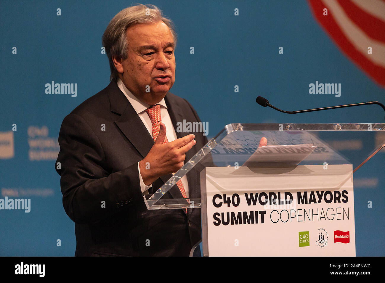 COPENHAGEN, DENMARK – OCTOBER 10. DENMARK: UN Secretary-General Antonio Guterres speaks during a press conference at the C40 World Mayors Summit on October 10, 2019 in Copenhagen, Denmark. The Secretary-General will also meet the Danish Queen Margrethe and the Prime Minister, Mette Frederiksen. More than 90 mayors of some of the world’s largest and most influential cities representing some 700 million people meet in Copenhagen from October 9-12 for the C40 World Mayors Summit. The purpose with the Summit in Copenhagen is to build a global coalition of leading cities, businesses and citizens th Stock Photo