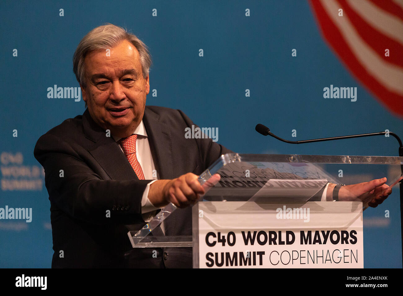 COPENHAGEN, DENMARK – OCTOBER 10. DENMARK: UN Secretary-General Antonio Guterres speaks during a press conference at the C40 World Mayors Summit on October 10, 2019 in Copenhagen, Denmark. The Secretary-General will also meet the Danish Queen Margrethe and the Prime Minister, Mette Frederiksen. More than 90 mayors of some of the world’s largest and most influential cities representing some 700 million people meet in Copenhagen from October 9-12 for the C40 World Mayors Summit. The purpose with the Summit in Copenhagen is to build a global coalition of leading cities, businesses and citizens th Stock Photo