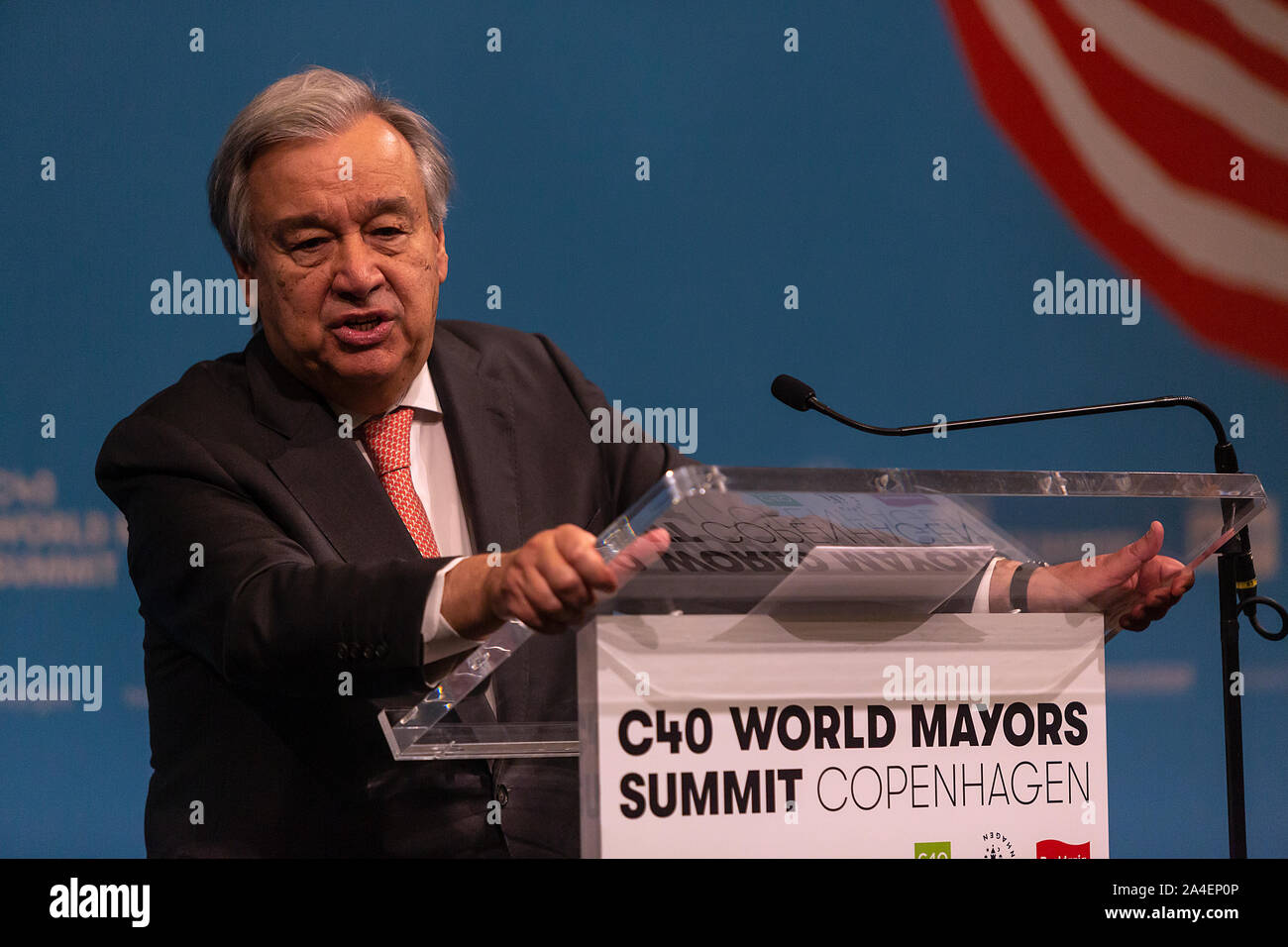 COPENHAGEN, DENMARK – OCTOBER 10. DENMARK: UN Secretary-General Antonio Guterres speaks during a press conference at the C40 World Mayors Summit on October 10, 2019 in Copenhagen, Denmark. The Secretary-General will also meet the Danish Queen Margrethe and the Prime Minister, Mette Frederiksen. More than 90 mayors of some of the world’s largest and most influential cities representing some 700 million people meet in Copenhagen from October 9-12 for the C40 World Mayors Summit. The purpose with the Summit in Copenhagen is to build a global coalition of leading cities, businesses and citizens th Stock Photo