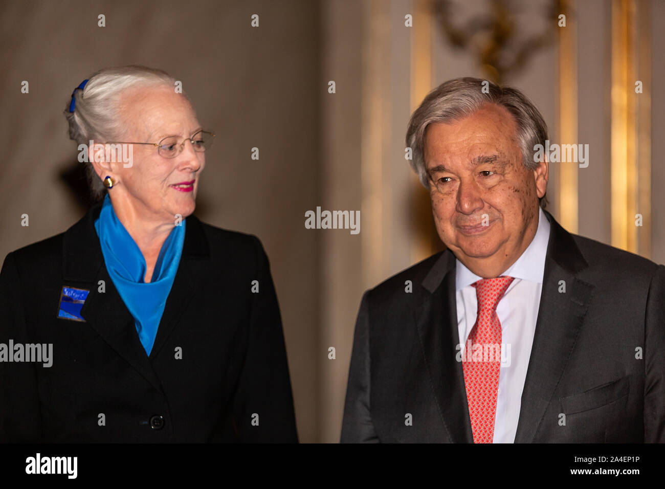 COPENHAGEN, DENMARK -  OCTOBER 10, 2019: Queen Margrethe of Denmark receives António Guterres, Secretary-General of the United Nations, at Amalienborg Palace on the occasion of the C40 World Mayors Summit. Guterres participated this Thursday at a press conference at the Summit and later with the Danish Prime Minister Mette Frederiksen and today he held a speech to the worlds mayors together with the Prime Minister. (Photo by Ole Jensen/Getty Images) Stock Photo