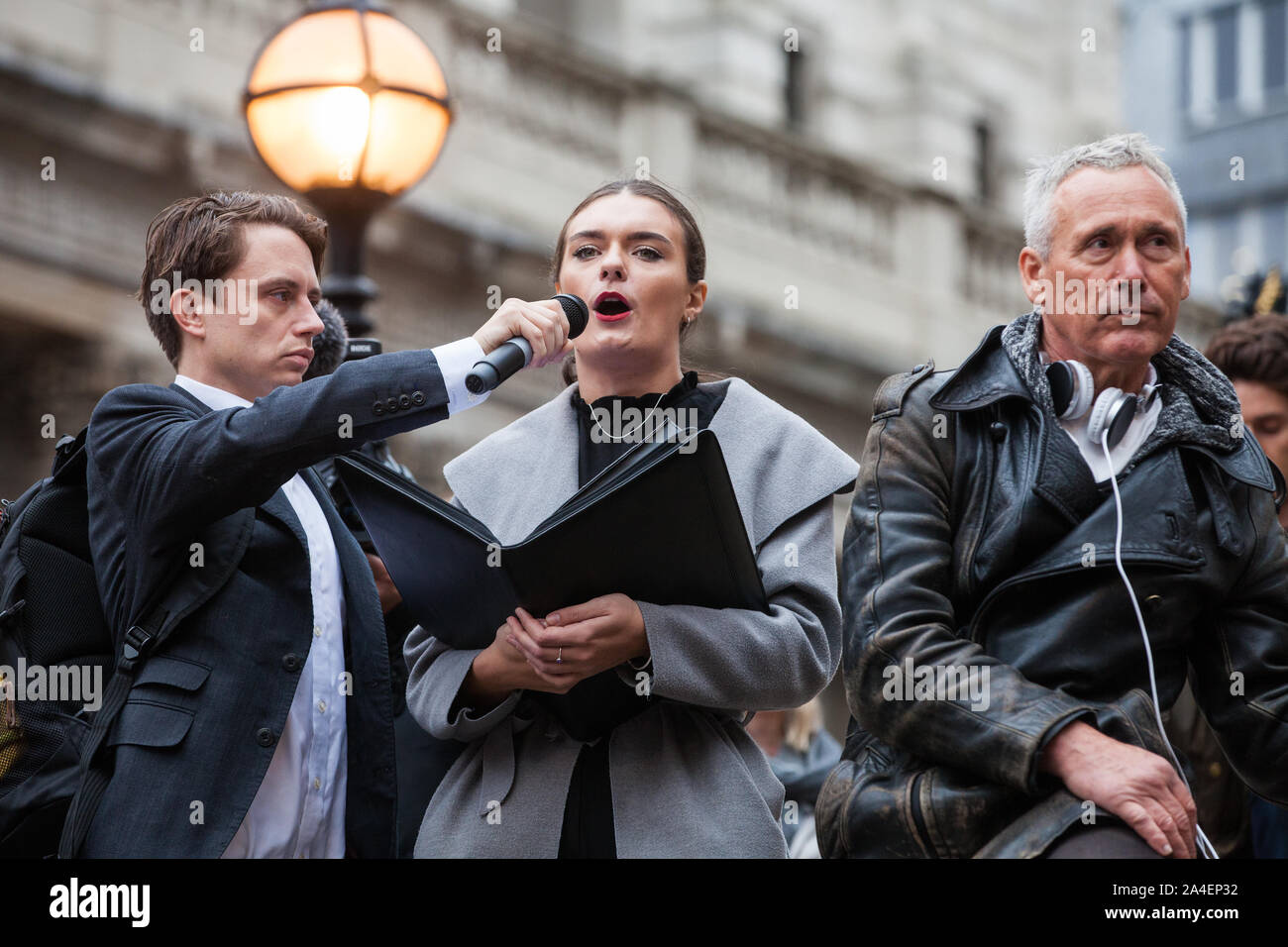 London, UK. 14 October, 2019. Climate activists from Extinction Rebellion stage theatrical mock trials, of the UK’s financial sector for the crime of ecocide and of the Government for ‘criminal negligence’ in having permitted it, in front of the Bank of England. Roads were blocked around Bank on the eighth day of International Rebellion protests across London. Credit: Mark Kerrison/Alamy Live News Stock Photo