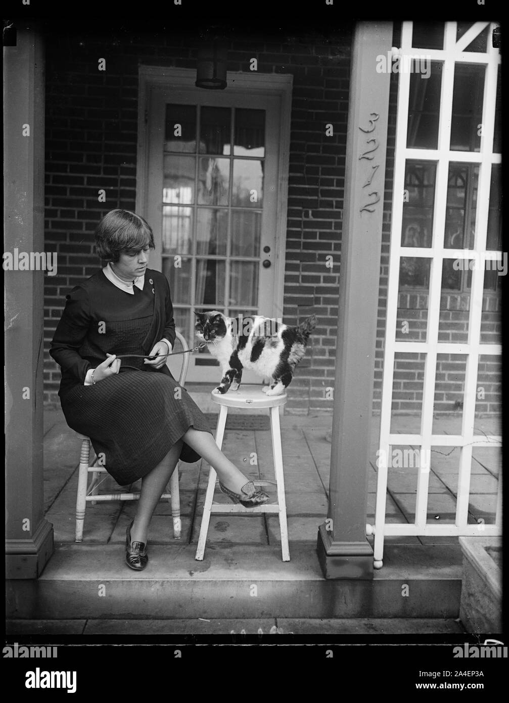 This Kitty belonged to the Sultan of Turkey. Mrs. Martin K. Metcalf, wife of Commander Metcalf, U.S.N., holding Pansy a thoroughbred Turkish cat who formerly did her meowing in the palace of the Sultan of Turkey. The cat, brought to Washington from Turkey by Commander Metcalf, is eight years old. She will be one of the interesting entrants in the cat show to be held in Washington at the Wardman Park Hotel, February 1 and 2 Stock Photo
