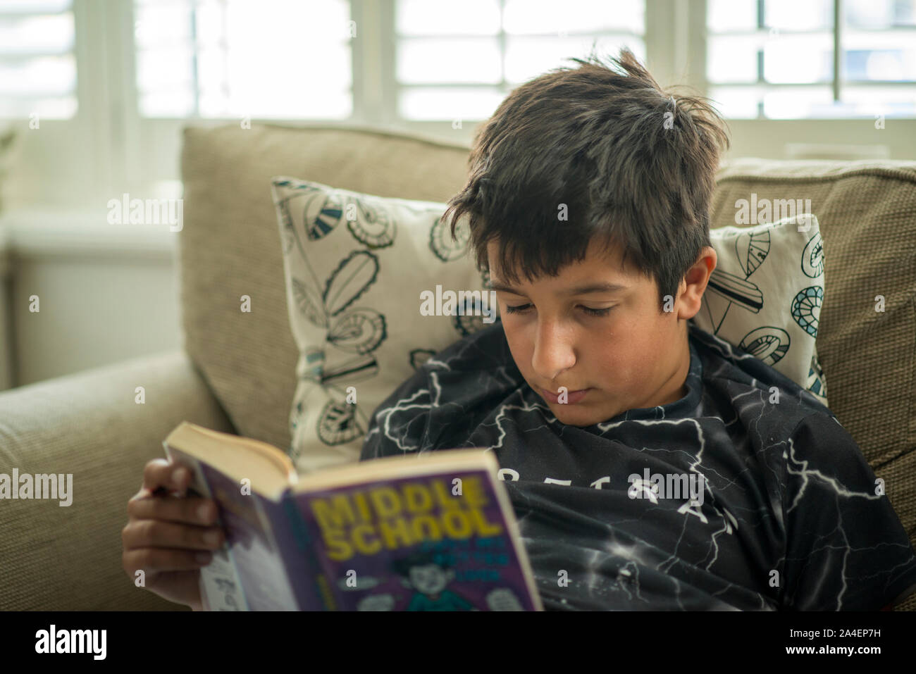 Boy reads book at home Stock Photo