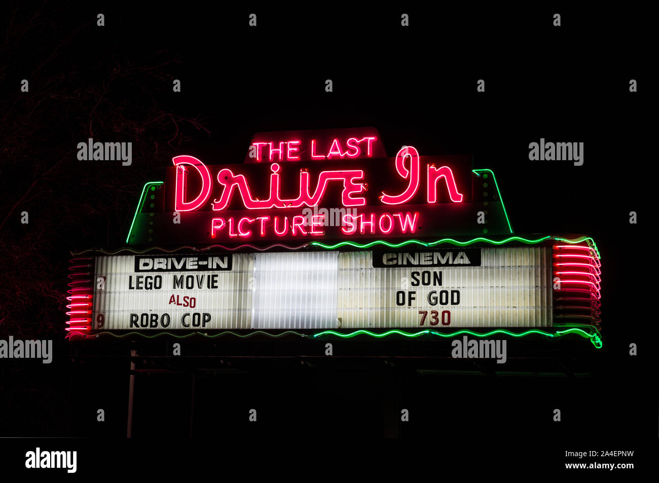 This is certainly not the last drive-in picture show in Gatesville, Texas, at the time of this photograph, at least. The name is a takeoff on the 1971 movie The Last Picture Show, about a dying Texas town Stock Photo