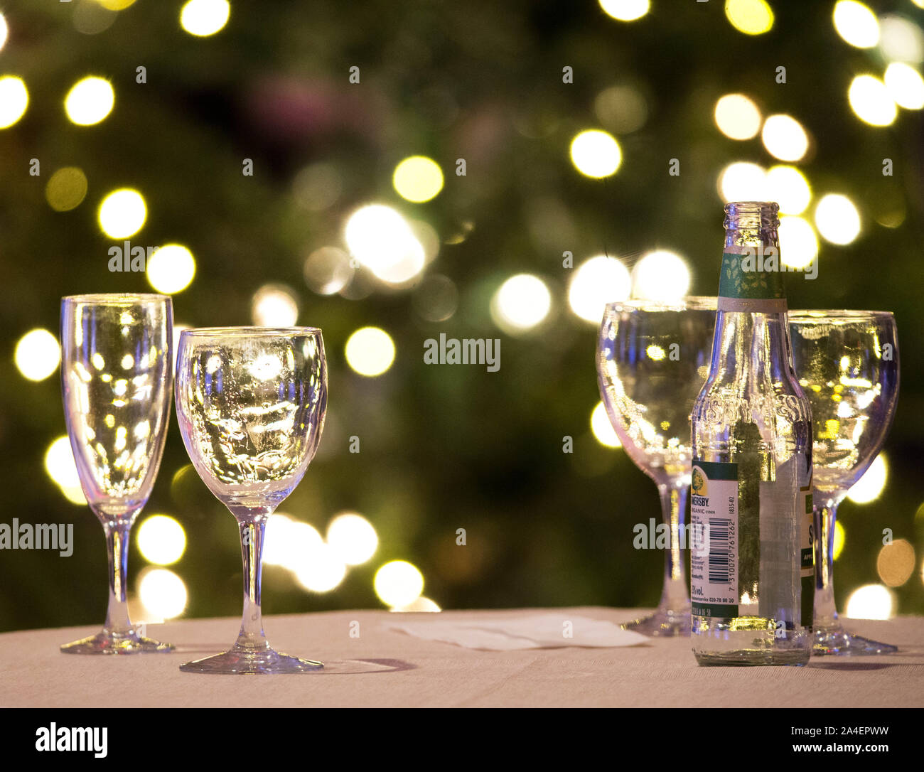 Empty glasses, with beer and cider, in front of a Christmas tree.Photo Jeppe Gustafsson Stock Photo