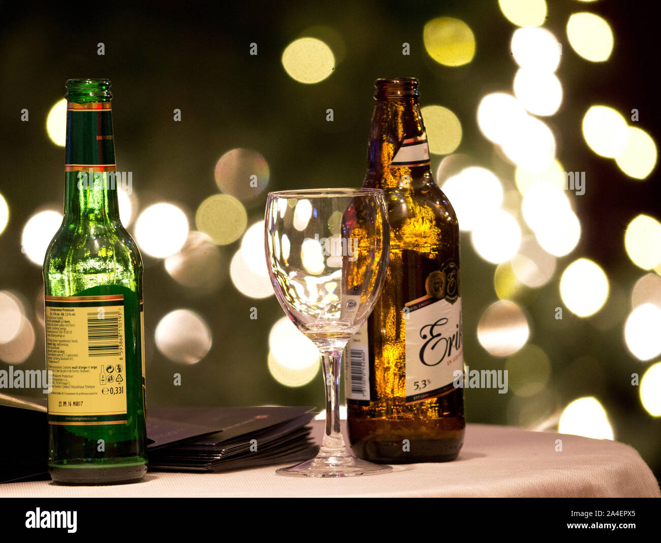 Empty glasses, with beer and cider, in front of a Christmas tree.Photo Jeppe Gustafsson Stock Photo