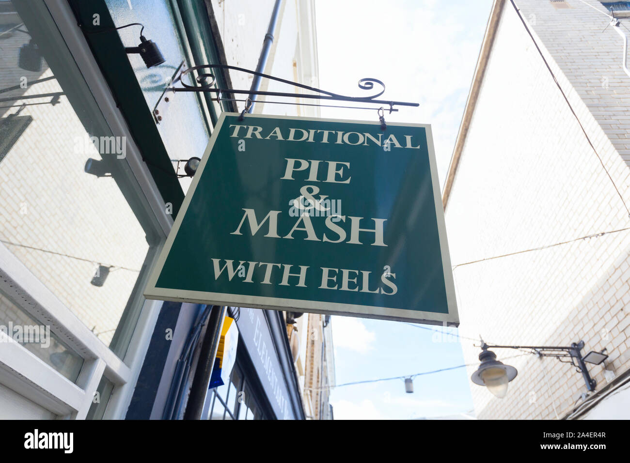 Traditional pie & mash restaurant sign logo, London, England Stock