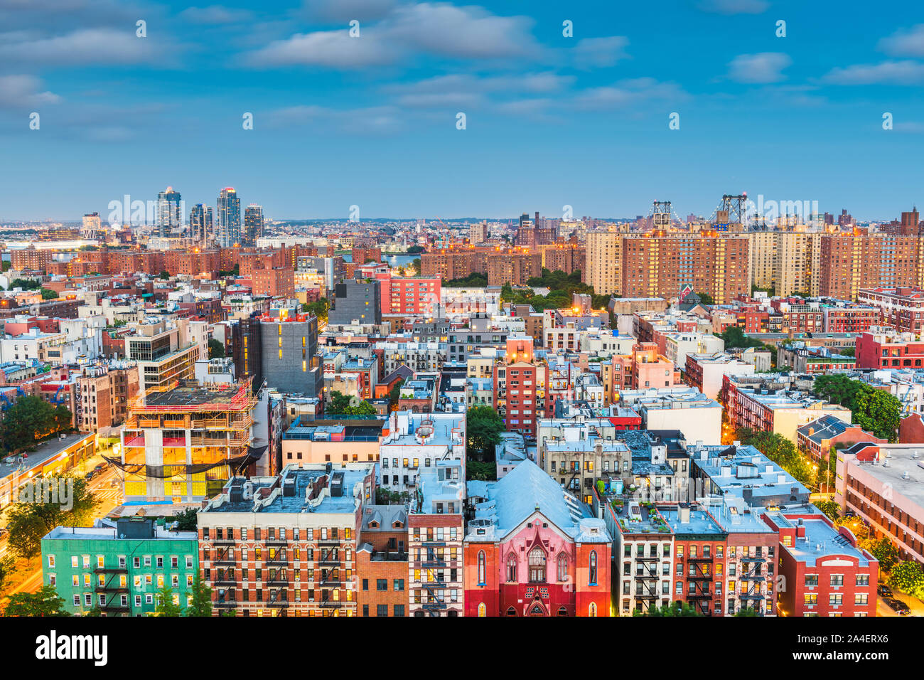 Lower East Side aerial view towards Brooklyn at twilight in New York, New York, USA. Stock Photo