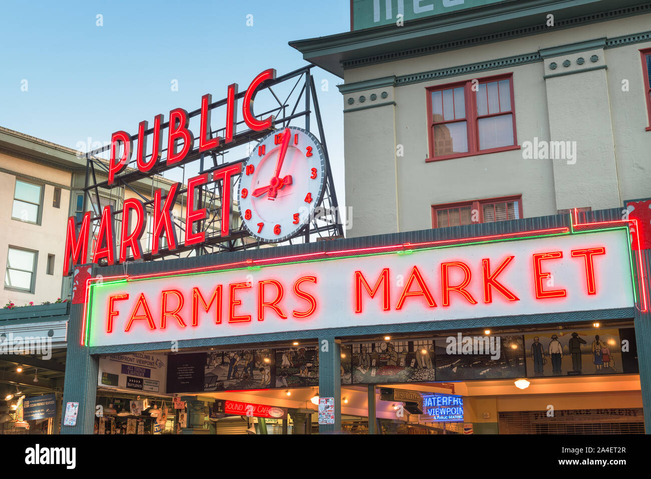 SEATTLE; WASHINGTON - July 2; 2018: Pike Place Market at night. The popular tourist destination opened in 1907 and is one of the oldest continuously o Stock Photo