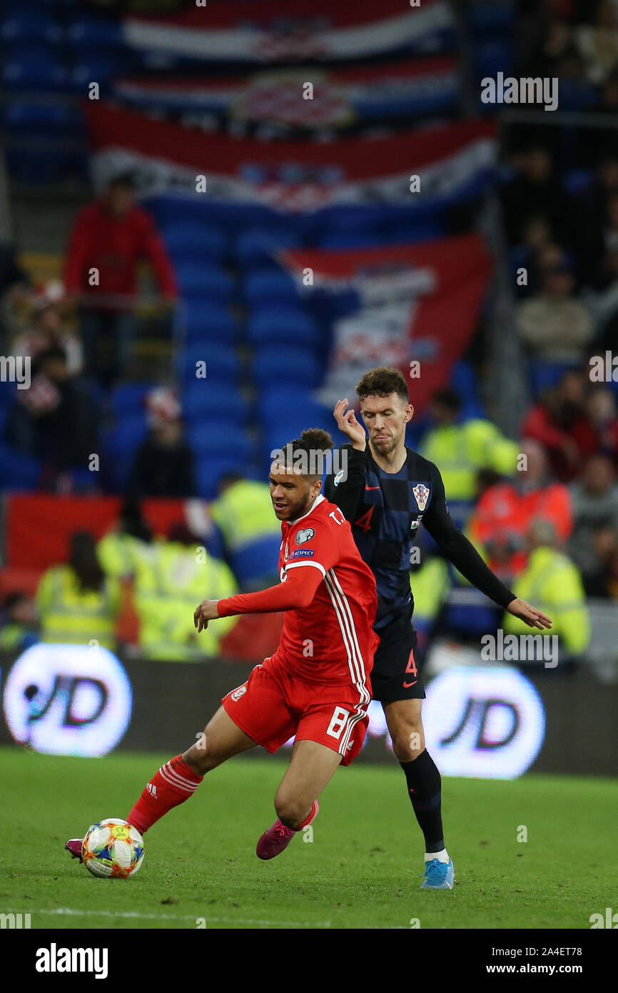 Cardiff, UK. 13th Oct, 2019. Tyler Roberts of Wales breaks away from Ivan Perisic of Croatia.UEFA Euro 2020 qualifier match, Wales v Croatia at the Cardiff city Stadium in Cardiff, South Wales on Sunday 13th October 2019. pic by Andrew Orchard /Andrew Orchard sports photography/Alamy live News EDITORIAL USE ONLY Credit: Andrew Orchard sports photography/Alamy Live News Stock Photo