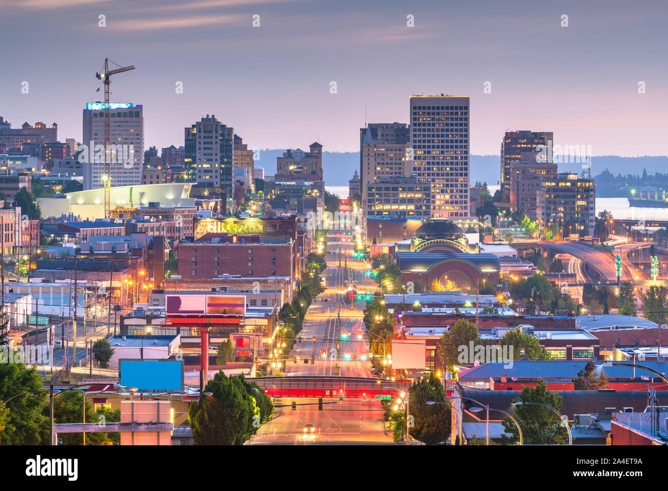 Tacoma, Washington, USA cityscape over Pacific Ave at twilight Stock ...