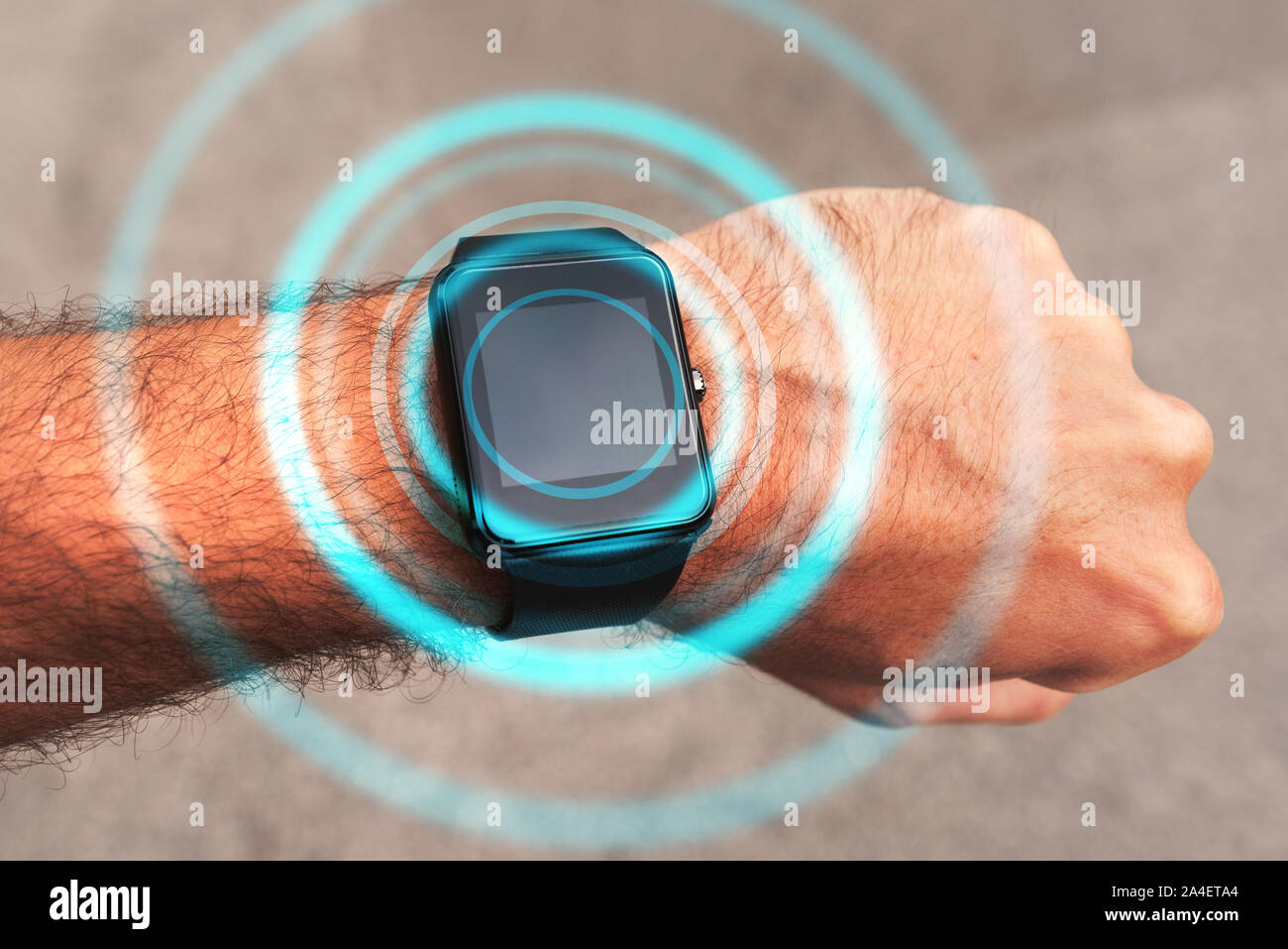 Smart watch on male hand, mock up screen. Digitally enhanced image. Stock Photo