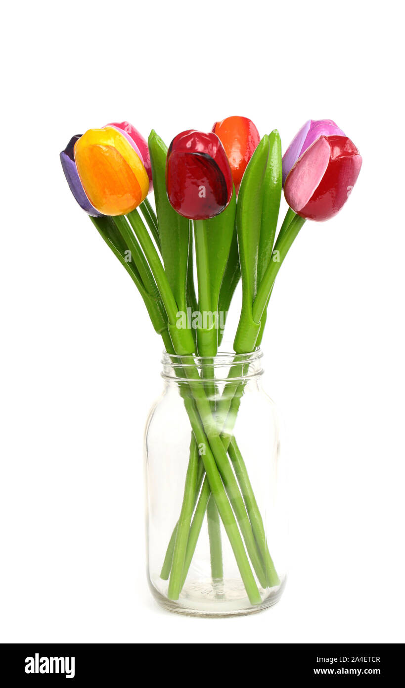Wooden tulips against a white background Stock Photo