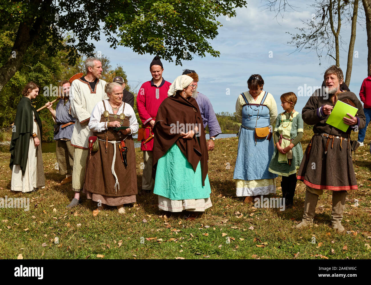 Viking interpreters; ceremony; period dress; ethnic; celebration, men, women, children, people, Marsh Creek State Park; Downingtown; PA; autumn; horiz Stock Photo