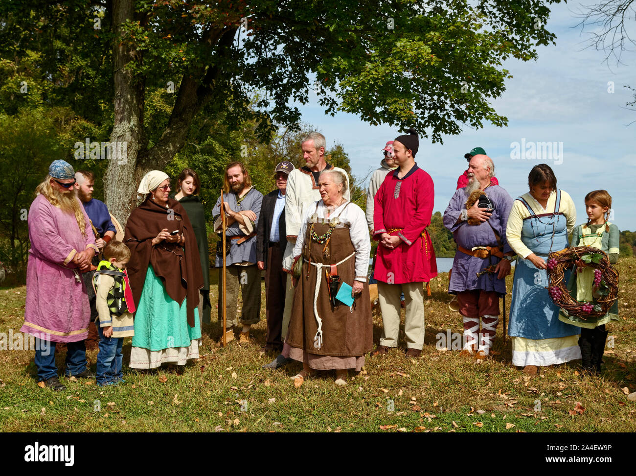 Viking interpreters; ceremony; period dress; ethnic; celebration, men, women, children, people, Marsh Creek State Park; Downingtown; PA; Pennsylvania; Stock Photo