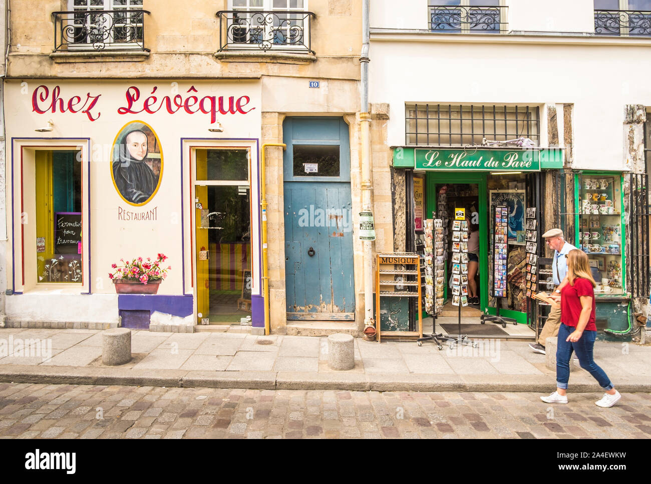 street scene in front of 'chez leveque' restaurant and 'le haut du pavé' gift shop, Stock Photo