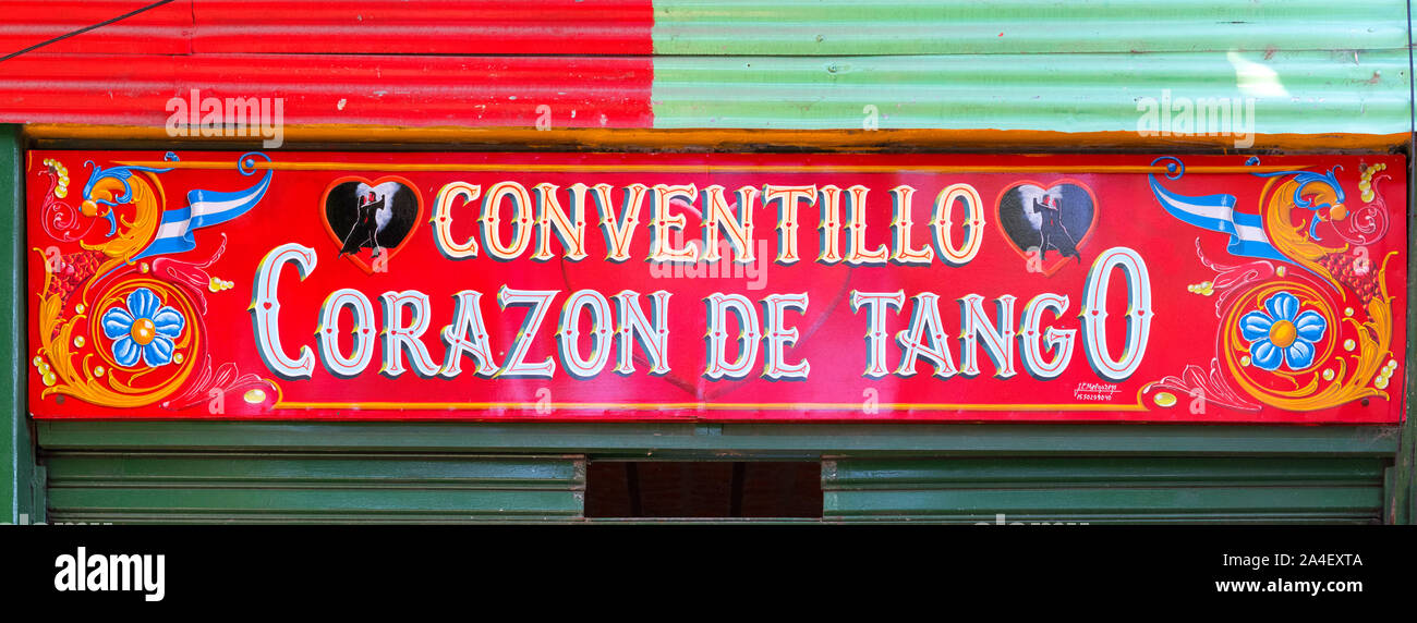 'Conventillo: Corazon de Tango (Conventillo: Heart of Tango)' sign on El Caminito, a colourful street in La Boca district of Buenos Aires, Argentina Stock Photo