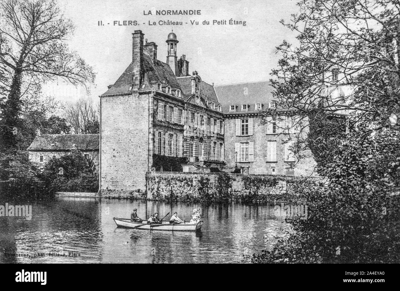 OLD POSTCARD, BOAT ON THE SMALL LAKE OF THE CHATEAU DE FLERS, NORMANDY, FRANCE Stock Photo