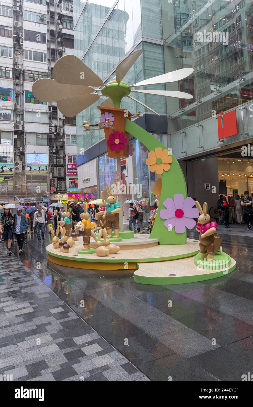 Kowloon, Hong Kong April 22, 2017 Wooden Rabbits Toys in Front of