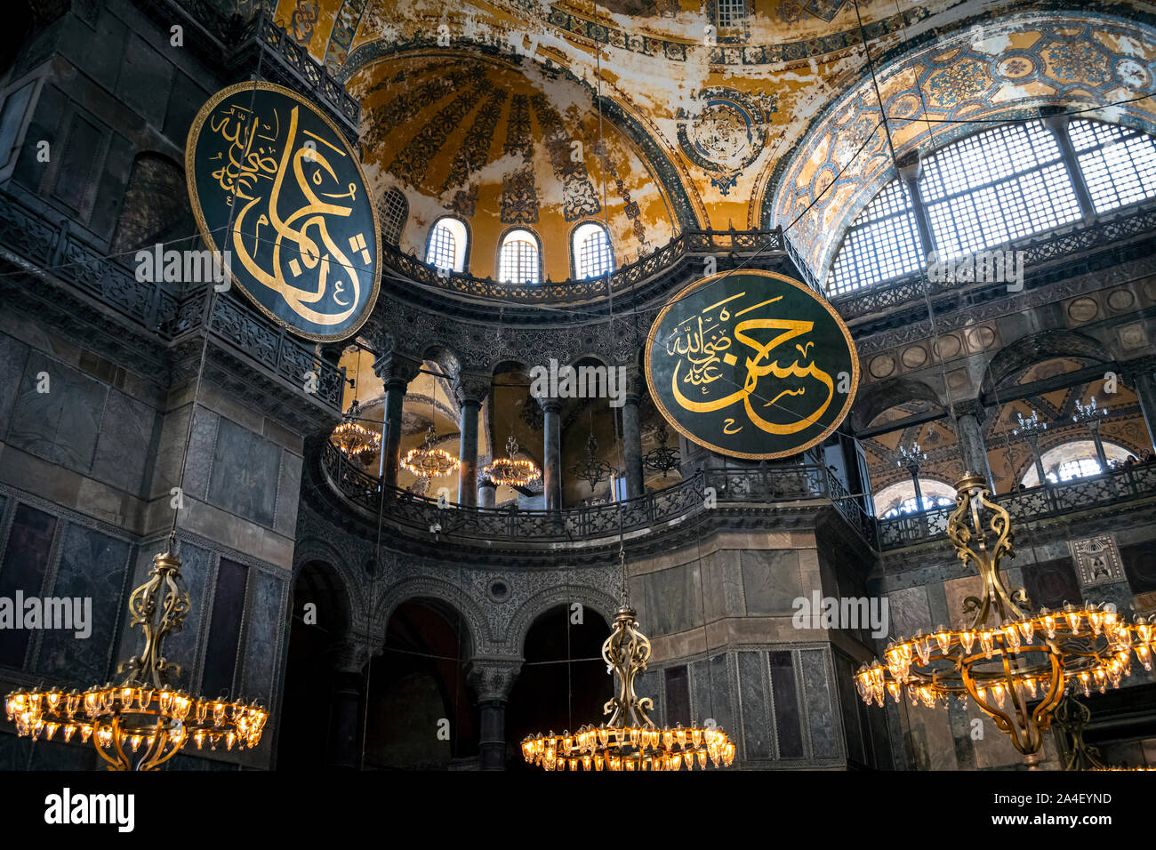 View of the ceiling and upper level of the interior of the Hagia Sophia museum, a former Muslim Mosque, in Istanbul, Turkey. Stock Photo