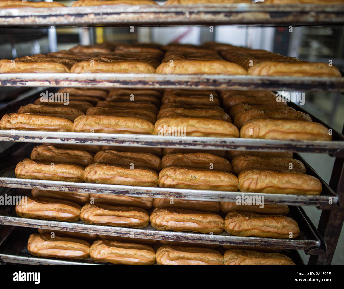 Many custard eclair cakes with butter cream and condensed milk lie on racks in the confectionery industry. Making desserts and sweets on an industrial Stock Photo