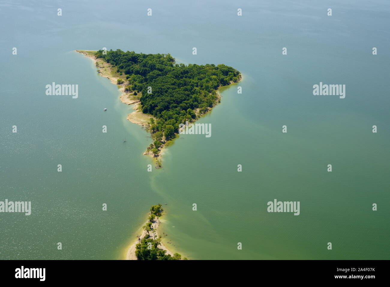 Aerial view of an island in Lavon Lake, Texas, USA. Lake Lavon is a fresh water reservoir in Collin County, part of the Dallas Metropolitan Area. Stock Photo