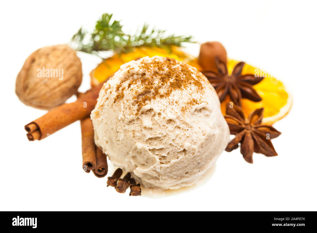 A christmas scoop of cinnamon ice cream with spices Stock Photo