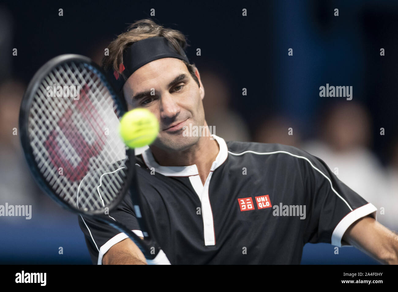 Tokyo, Japan. 14th Oct, 2019. Roger Federer is in his match v John Isner  during the UNIQLO Life Wear Day Tokyo charity event at Ariake Coliseum.  Professional tennis player Roger Federer who