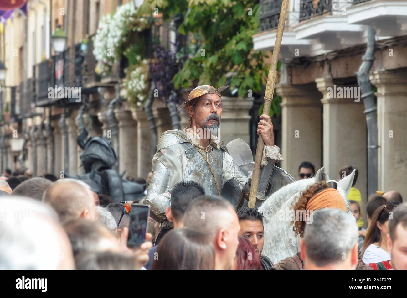 Don Quixote between people, during the week of cervantino medieval street market, in Alcala de Henares (Madrid - Spain), on October 12th 2019. Stock Photo