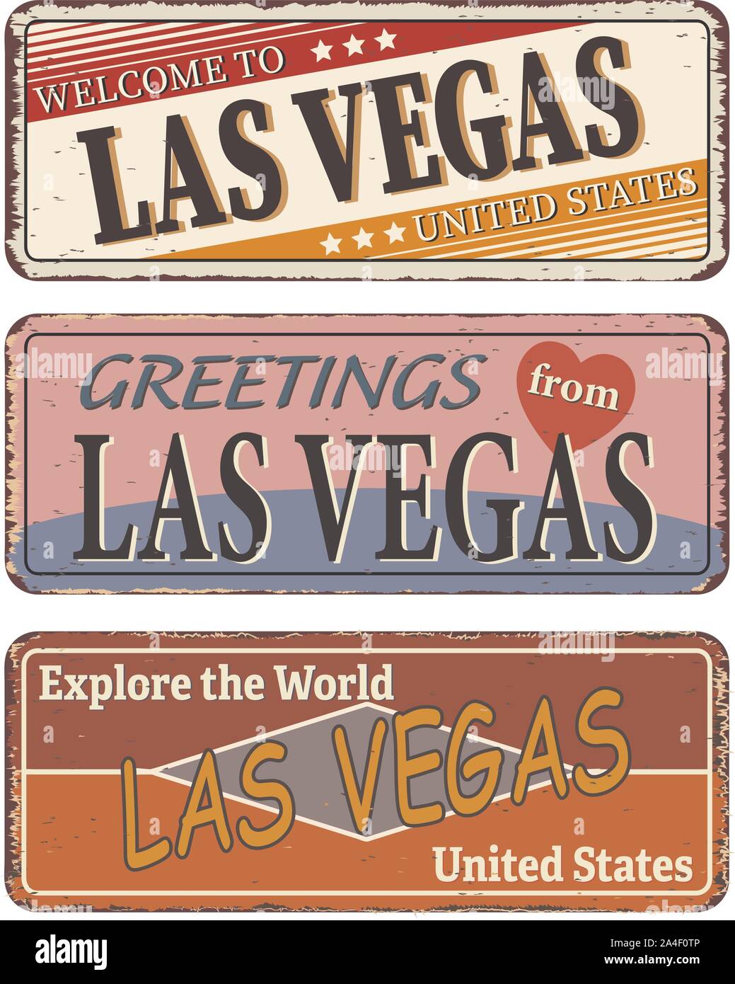 Vintage tin sign. Las Vegas. Retro souvenirs or old postcard templates on rust background. Stock Vector