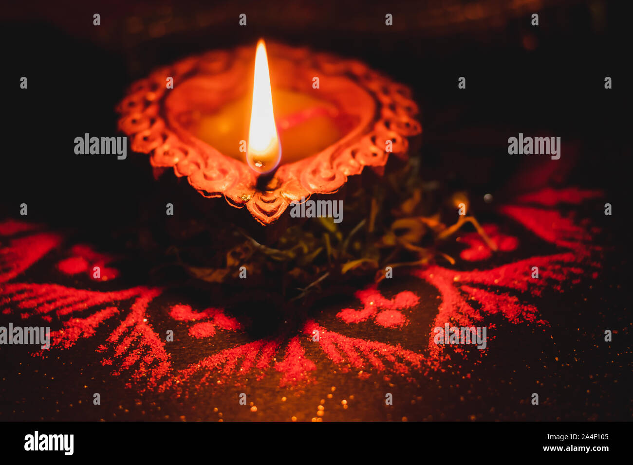 One designer terracotta lamp with oil - Deepawali worship concept Stock Photo