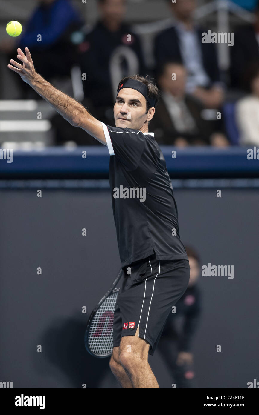 Tokyo, Japan. 14th Oct, 2019. Roger Federer is in his match v John Isner  during the UNIQLO Life Wear Day Tokyo charity event at Ariake Coliseum.  Professional tennis player Roger Federer who