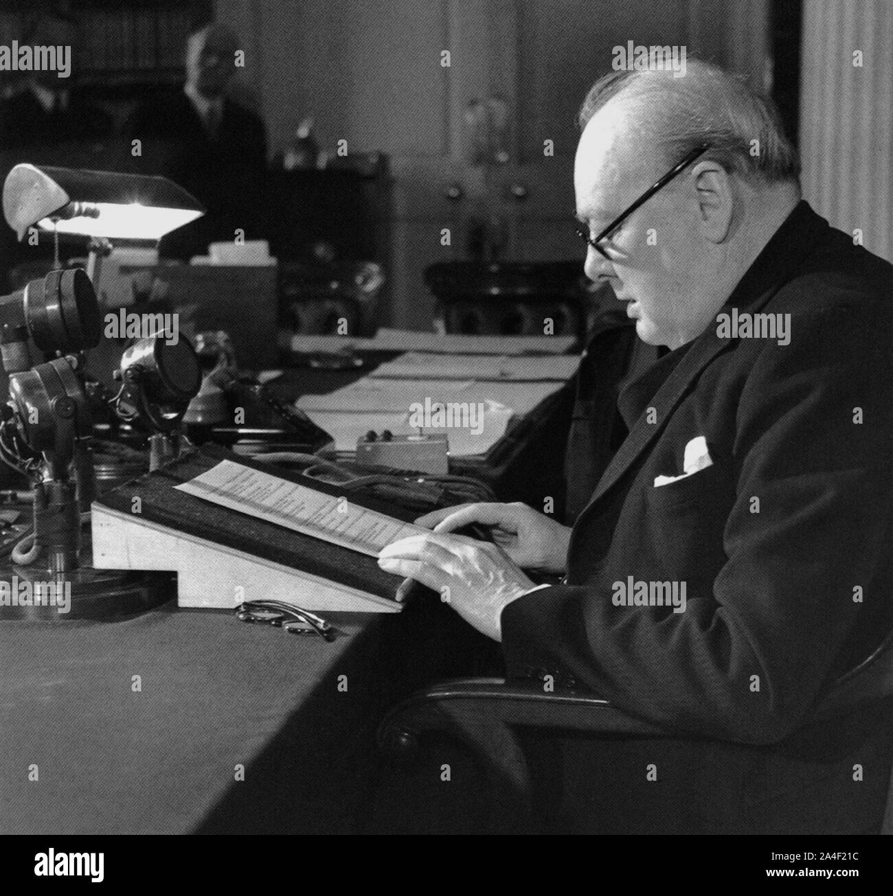 Winston Churchill  making his broadcast to the nation on VE-Day, 8th May 1945 Stock Photo