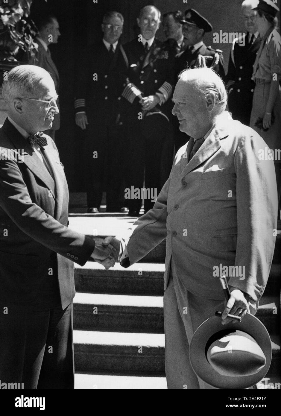 Winston Churchill meeting President Truman at the Potsdam Conference .16th July 1945 Stock Photo