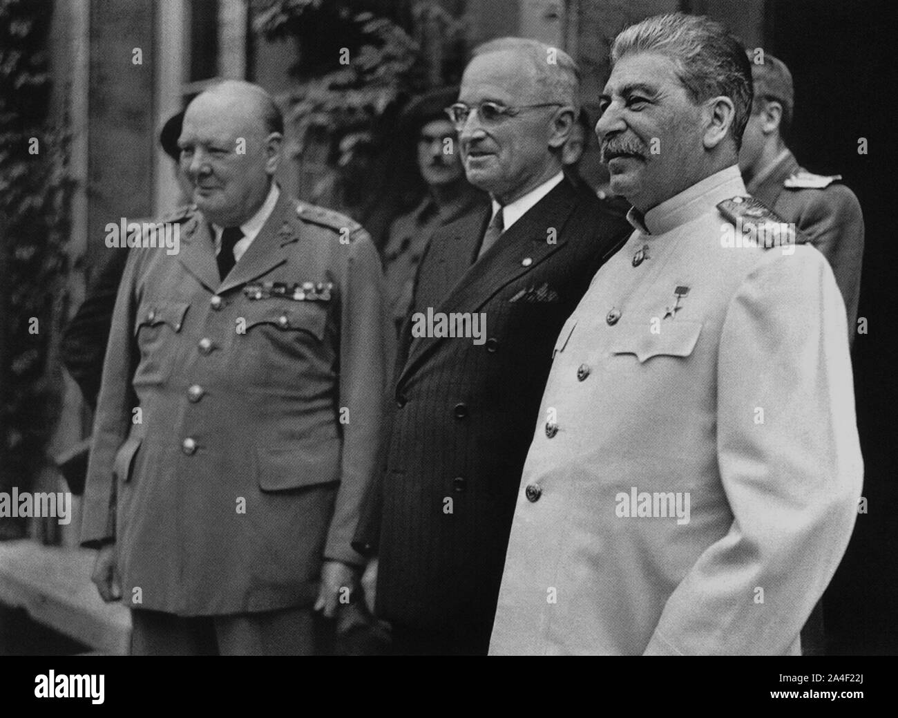 Winston Churchill with President Truman and Stalin at the Potsdam Conference. 23rd July 1945. Stock Photo