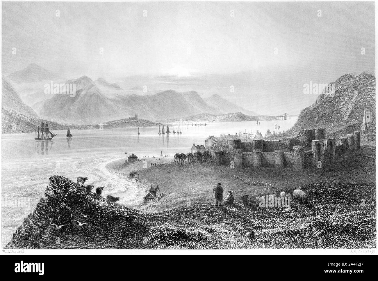 An engraving of Beaumaris scanned at high resolution from a book printed in 1842. This image is believed to be free of all historic copyright. Stock Photo