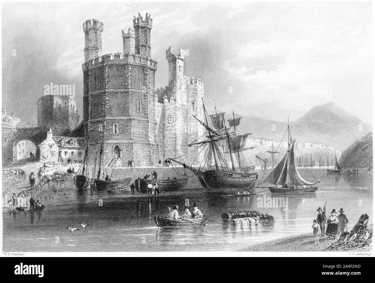 An engraving of The Eagle Tower, Carnarvon Castle (Caernarfon) scanned at high resolution from a