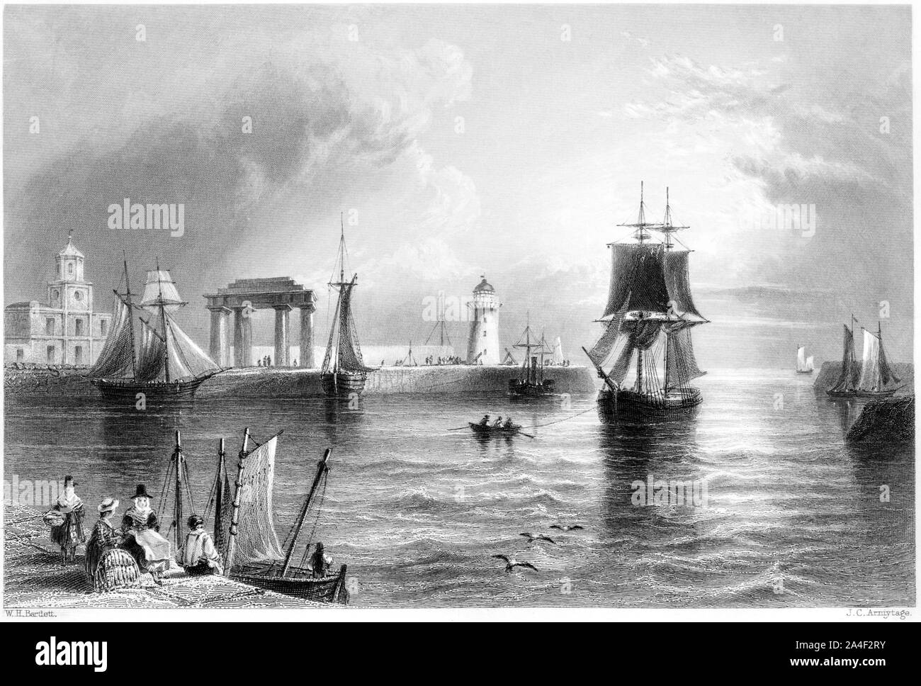 Engraving of Holyhead scanned at high resolution from a book printed in 1842. This image is believed to be free of all historic copyright restrictions Stock Photo