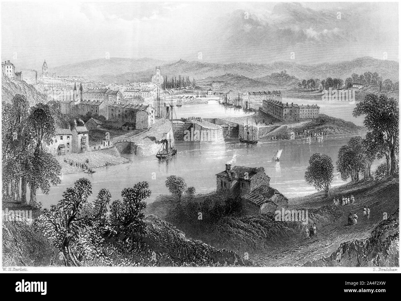 An engraving of Bristol from Rownham Ferry scanned at high resolution from a book printed in 1842.  Believed copyright free. Stock Photo