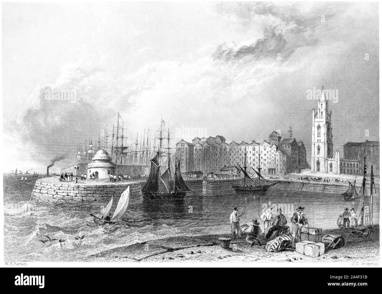 An engraving of St Nicholas' Church, Liverpool from St George's Basin scanned at high resolution from a book printed in 1842. Believed copyright free. Stock Photo