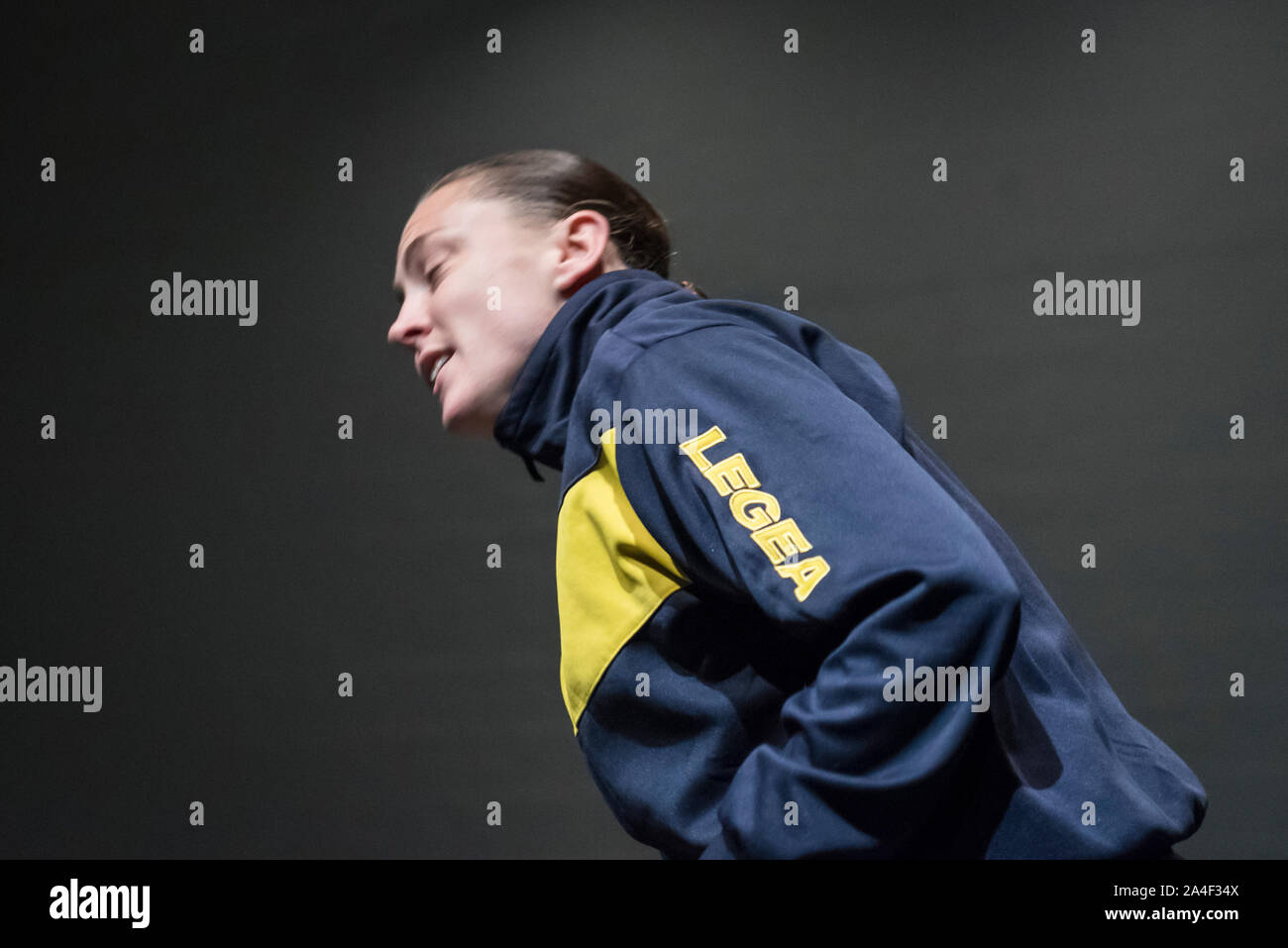 London, UK.  14 October 2019.  Oona Doherty performs at a preview of Oona Doherty's "Hope Hunt and the Ascension into Lazarus" which is taking place at The Yard in East London, 14 to 16 October 2019.  The show is an attempt to deconstruct the stereotype of the disadvantaged urban male and is part of this year's Dance Umbrella Festival. Credit: Stephen Chung / Alamy Live News Stock Photo