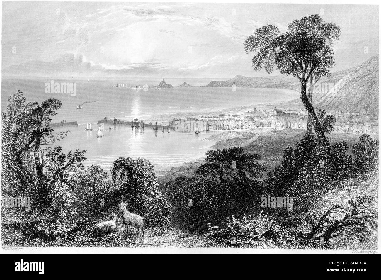 An engraving of Swansea Bay scanned at high resolution from a book printed in 1842. This image is believed to be free of all historic copyright . Stock Photo