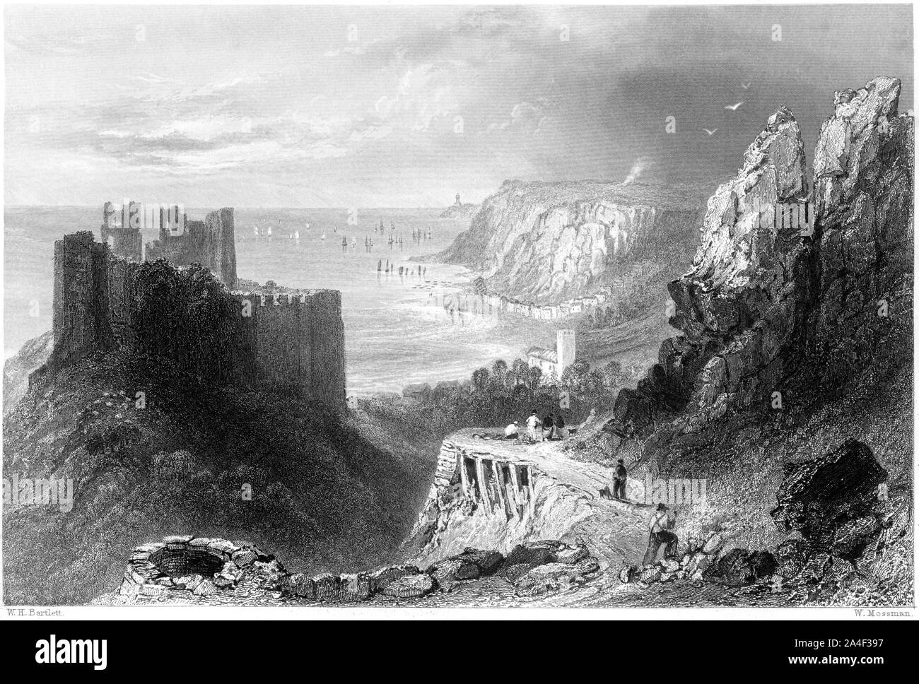 An engraving of Oystermouth (Swansea Bay) scanned at high resolution from a book printed in 1842.  Believed copyright free. Stock Photo